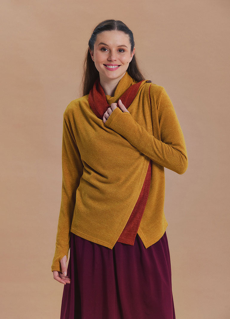 Cowl Neck Thumbhole Sleeve Yellow Long Knit Cardigan