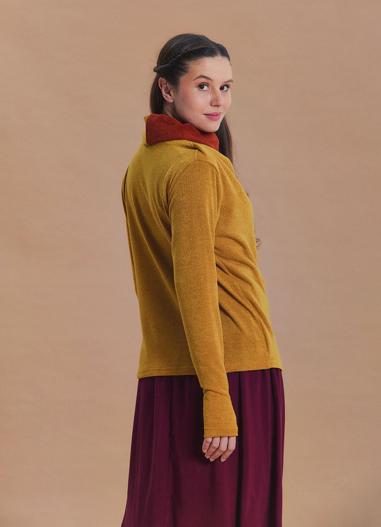 Cowl Neck Thumbhole Sleeve Yellow Long Knit Cardigan