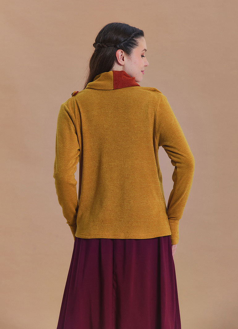 Cowl Neck Thumbhole Sleeve Yellow Long Knit Cardigan