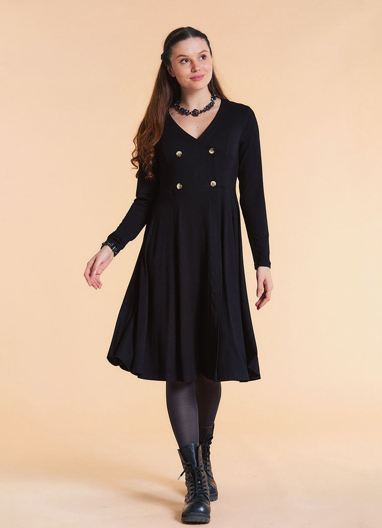 V Neck Double Breasted Button Detail Black Long Sleeve Dress