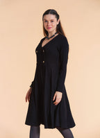 V Neck Double Breasted Button Detail Black Long Sleeve Dress