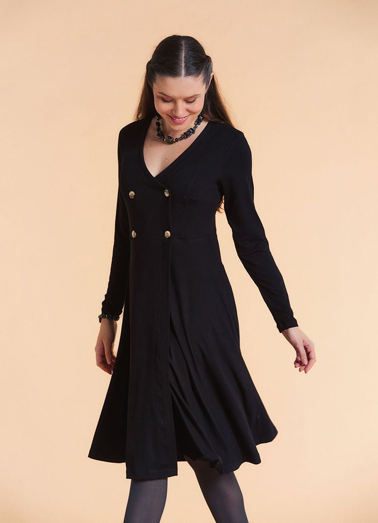 V Neck Double Breasted Button Detail Black Long Sleeve Dress