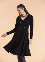 V Neck Double Breasted Button Detail Black Long Sleeve Dress