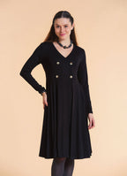 V Neck Double Breasted Button Detail Black Long Sleeve Dress