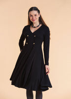 V Neck Double Breasted Button Detail Black Long Sleeve Dress