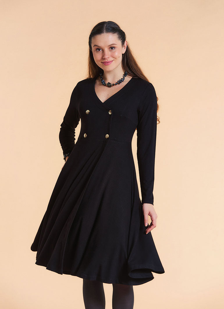 V Neck Double Breasted Button Detail Black Long Sleeve Dress