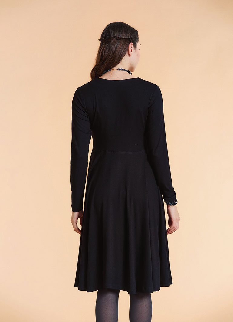 V Neck Double Breasted Button Detail Black Long Sleeve Dress