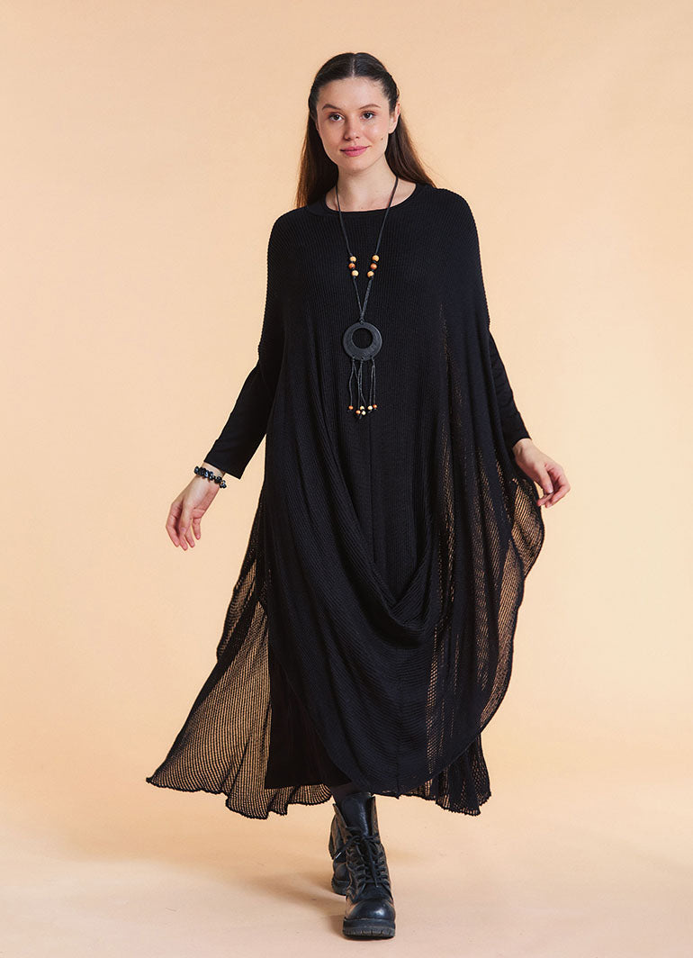 Boat Neck Asymmetrical Double Layer Black Knit Maxi Dress