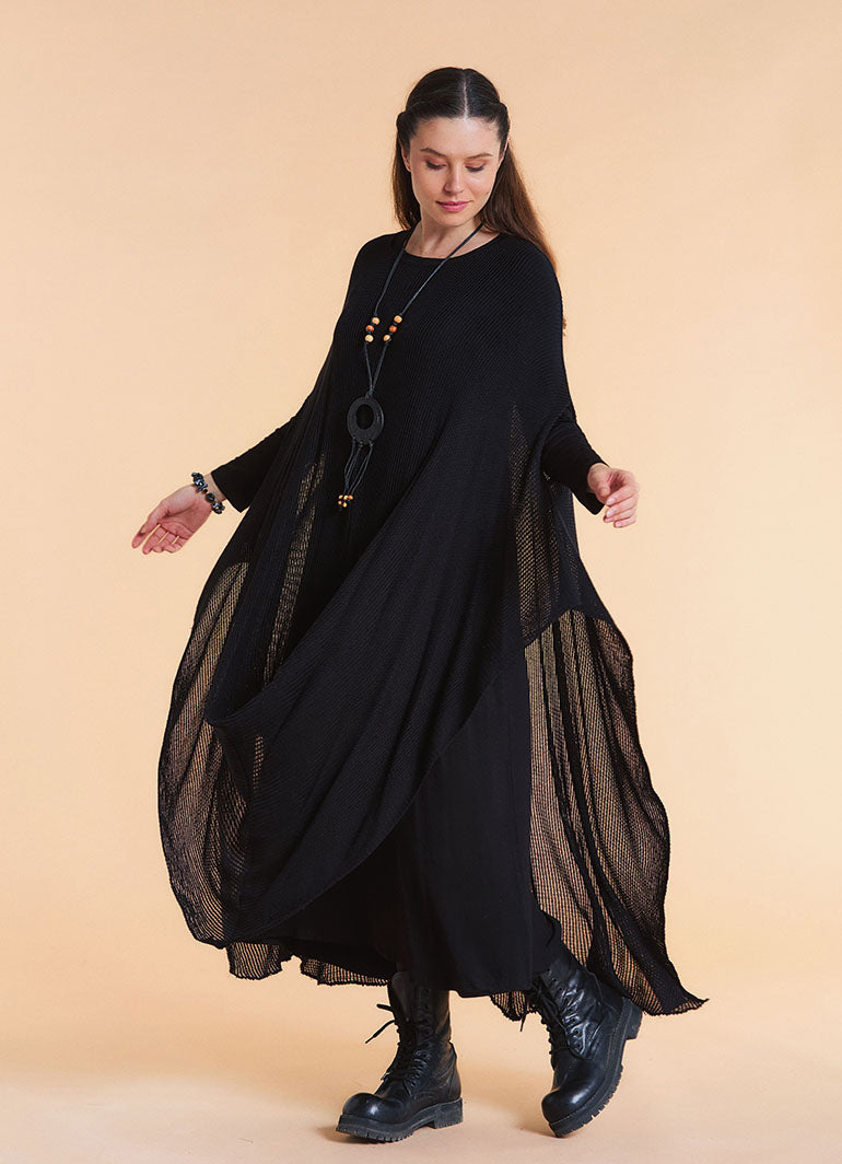 Boat Neck Asymmetrical Double Layer Black Knit Maxi Dress