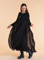 Boat Neck Asymmetrical Double Layer Black Knit Maxi Dress