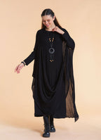 Boat Neck Asymmetrical Double Layer Black Knit Maxi Dress