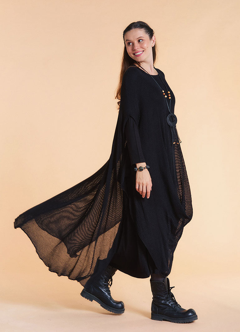 Boat Neck Asymmetrical Double Layer Black Knit Maxi Dress