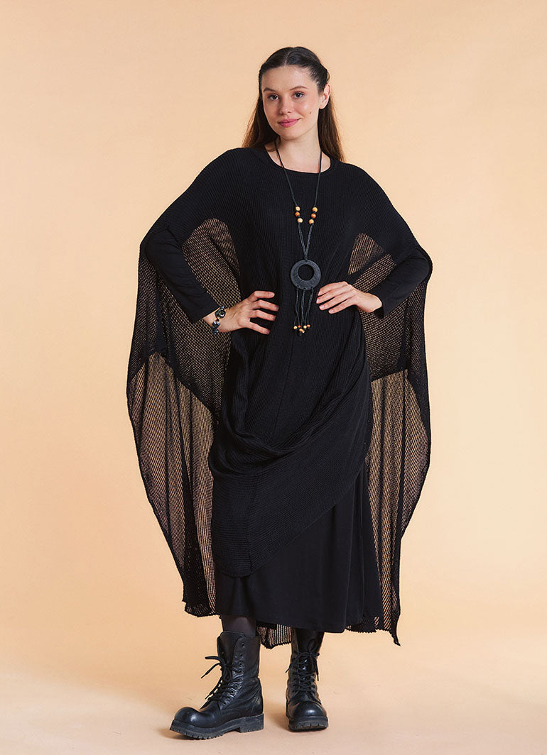 Boat Neck Asymmetrical Double Layer Black Knit Maxi Dress