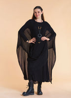 Boat Neck Asymmetrical Double Layer Black Knit Maxi Dress