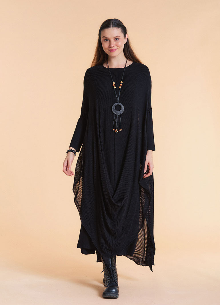 Boat Neck Asymmetrical Double Layer Black Knit Maxi Dress
