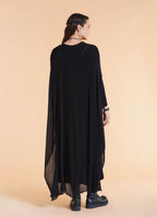 Boat Neck Asymmetrical Double Layer Black Knit Maxi Dress