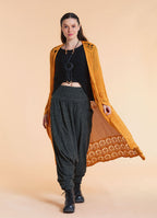 Drawstring Waist Lace Look Mustard Long Knit Cardigan