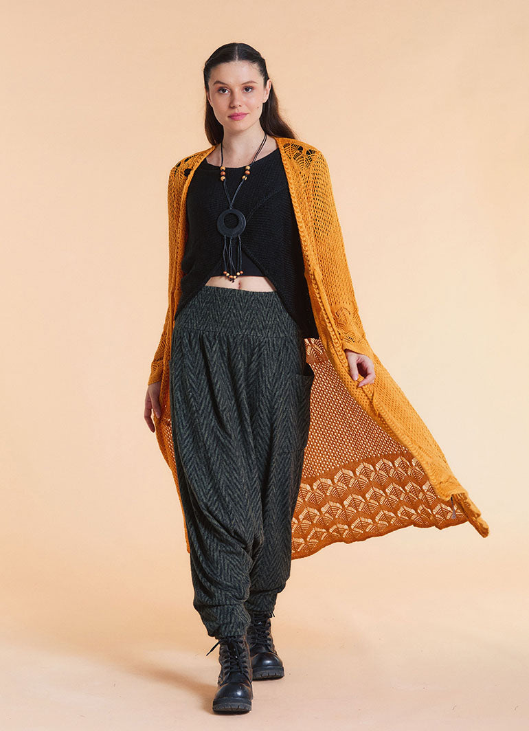 Drawstring Waist Lace Look Mustard Long Knit Cardigan