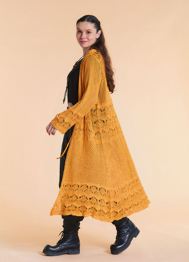 Drawstring Waist Lace Look Mustard Long Knit Cardigan