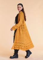Drawstring Waist Lace Look Mustard Long Knit Cardigan