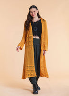 Drawstring Waist Lace Look Mustard Long Knit Cardigan