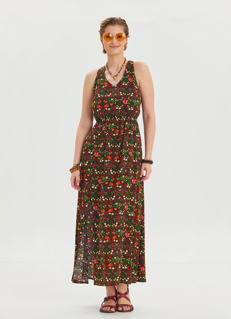 V Neck Slit Green Floral Dress 4643
