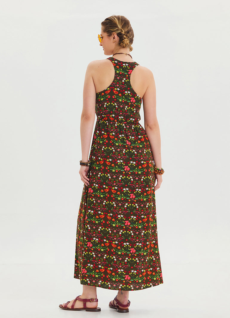 V Neck Slit Green Floral Dress 4643