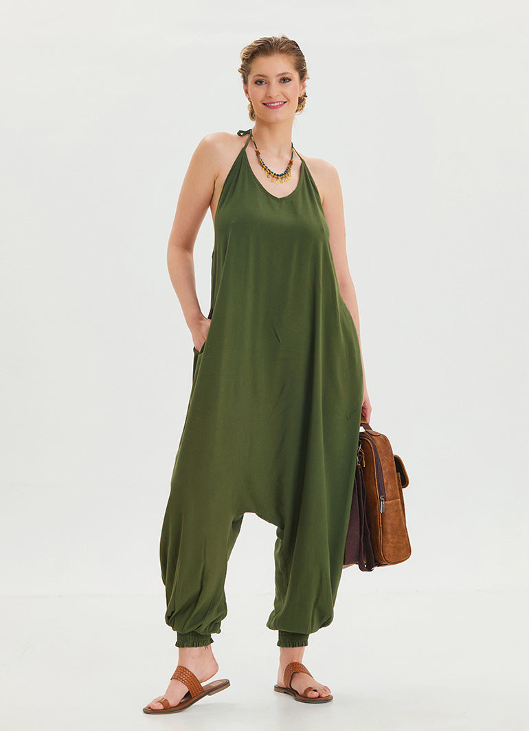 Khaki Bohemian Jumpsuit with Elasticated Legs and Tied Neck 4483