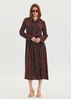 Black Long Sleeve Dress with Crew Neck Button Detail 4444