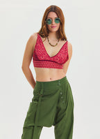 Lace Up Open Back Adjustable Red Crop Blouse 4647
