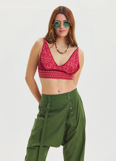 Lace Up Open Back Adjustable Red Crop Blouse 4647