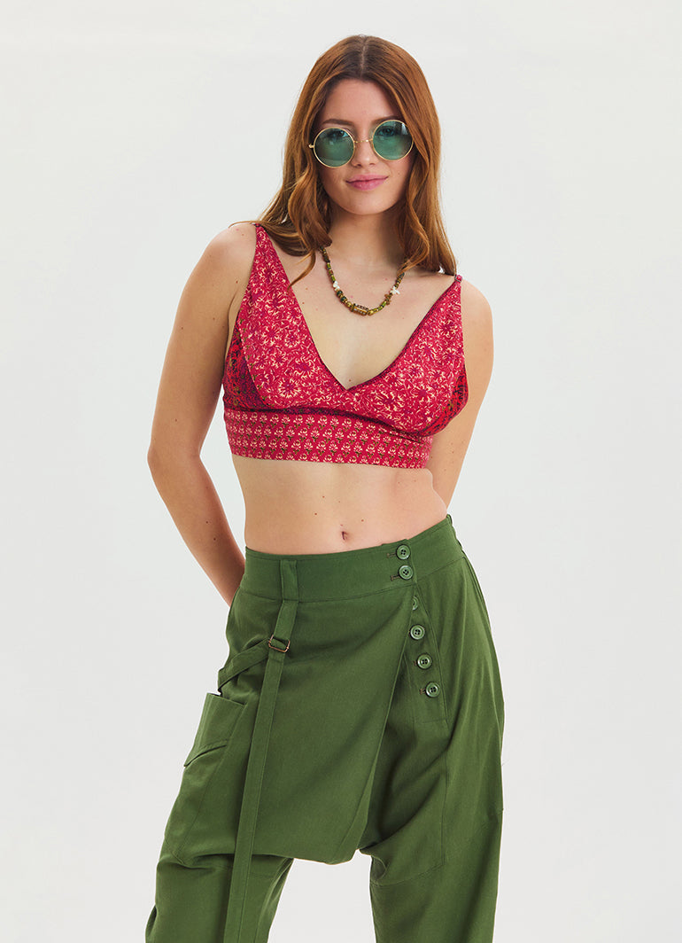 Lace Up Open Back Adjustable Red Crop Blouse 4647