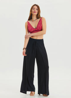 Black Bohemian Trousers with Elastic Waist and Tie Detail 4474