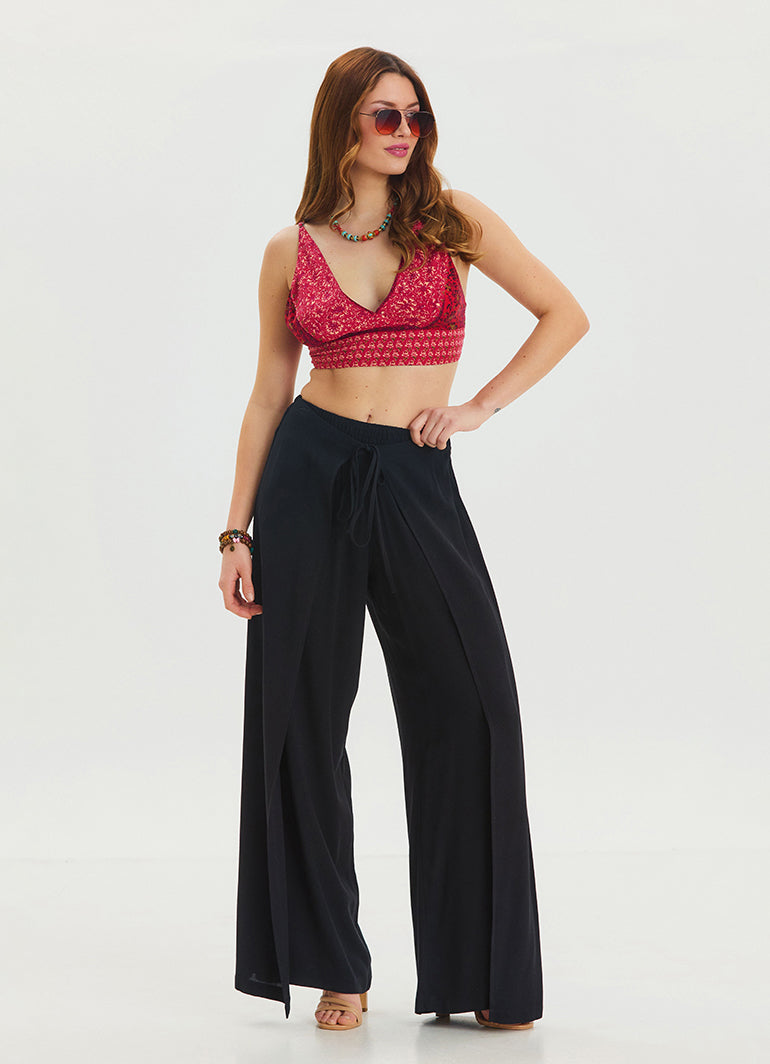Black Bohemian Trousers with Elastic Waist and Tie Detail 4474