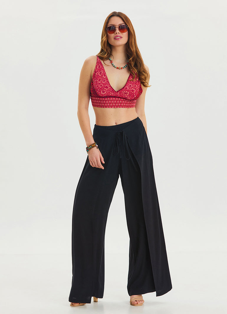 Black Bohemian Trousers with Elastic Waist and Tie Detail 4474