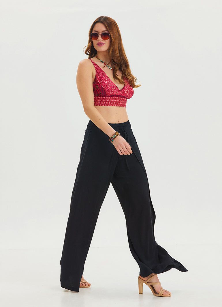 Black Bohemian Trousers with Elastic Waist and Tie Detail 4474