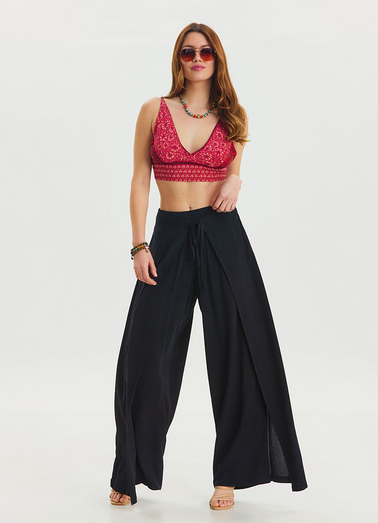 Black Bohemian Trousers with Elastic Waist and Tie Detail 4474