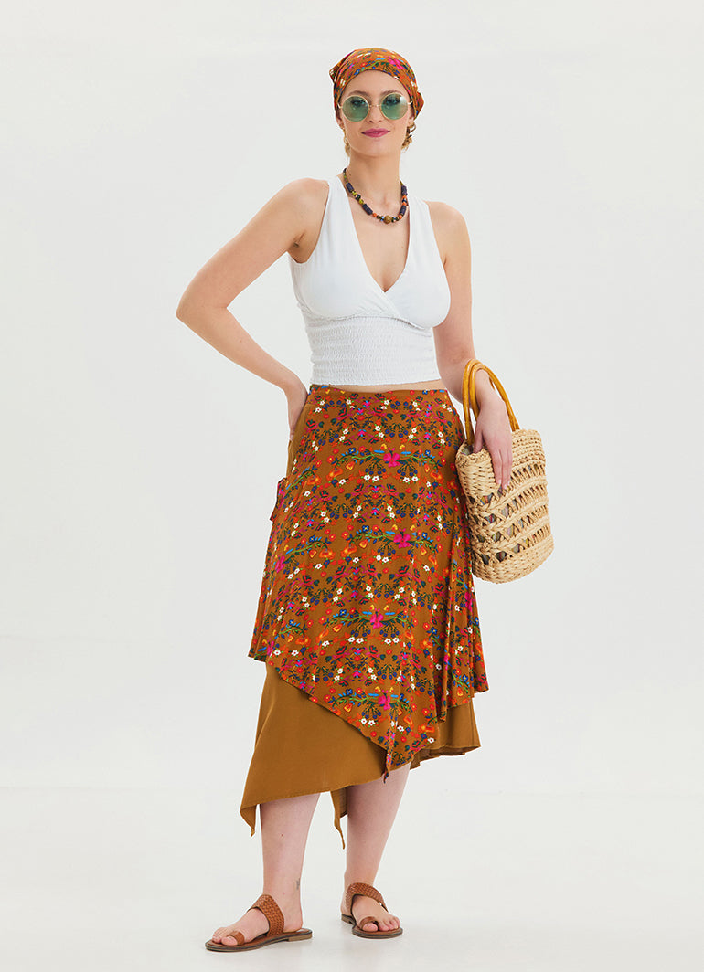 Mustard Bohemian Skirt with Elastic Waist and Tie Detail 4520