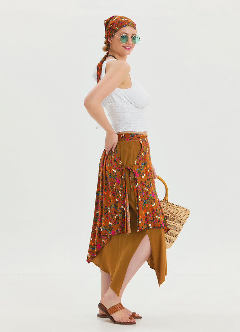 Mustard Bohemian Skirt with Elastic Waist and Tie Detail 4520