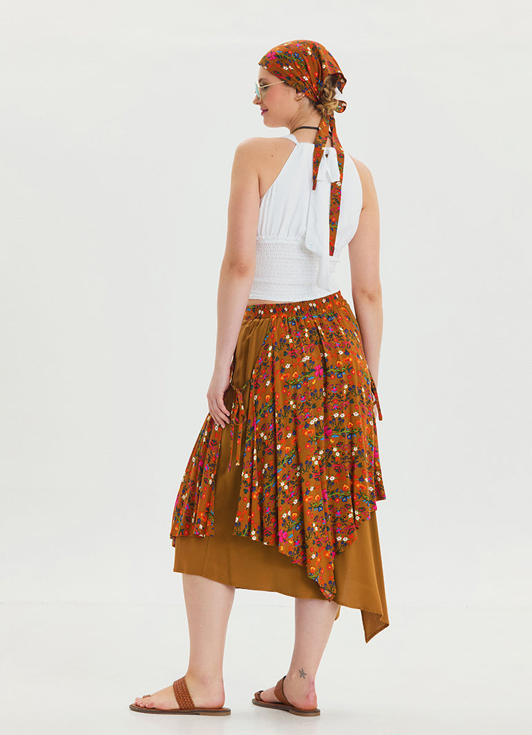 Mustard Bohemian Skirt with Elastic Waist and Tie Detail 4520