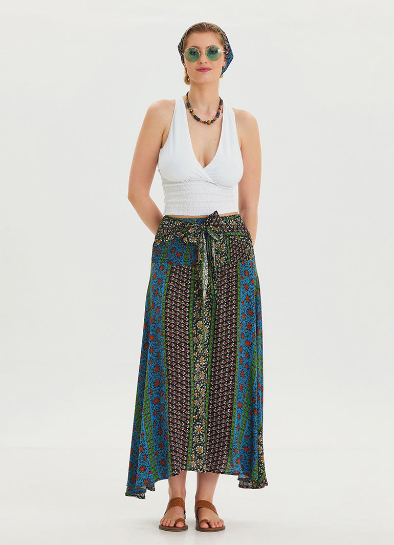 Gipe Waist Tied Navy Blue Asymmetrical Skirt 4498