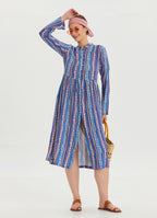 Blue Long Sleeve Dress with Crew Neck Button Detail 4443