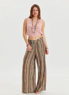 High Waist Loose Cut Khaki Palazzo Trousers 4537