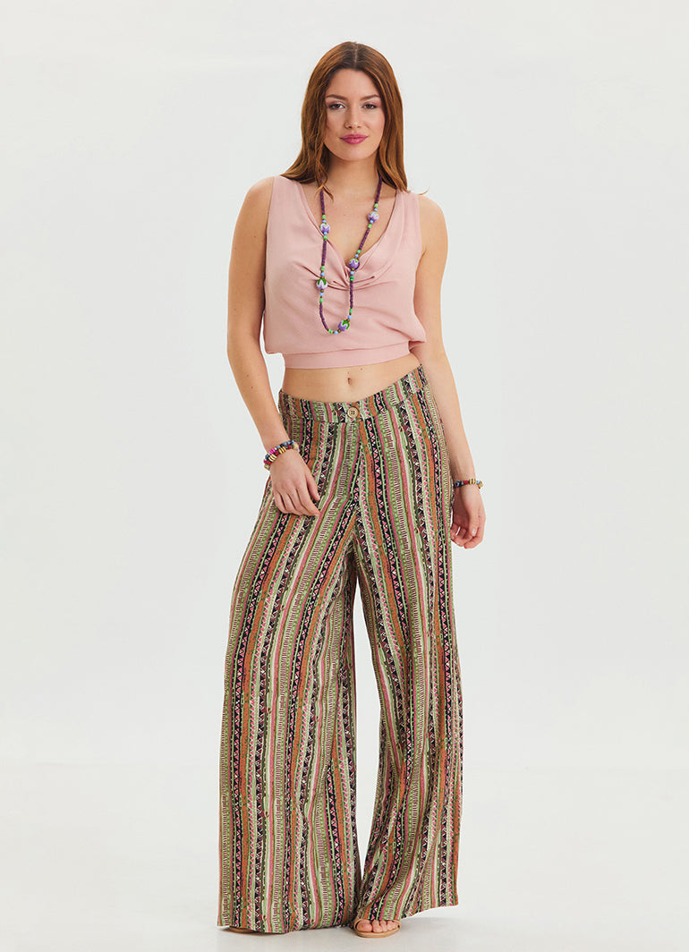 High Waist Loose Cut Khaki Palazzo Trousers 4537