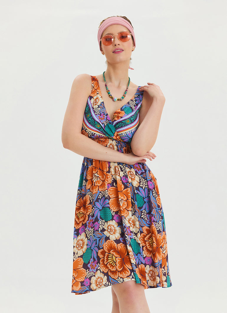 V Neck Robe Blue Patterned Casual Dress 4512