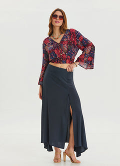 Zipper Detailed Slit Anthracite Asymmetric Skirt 4637