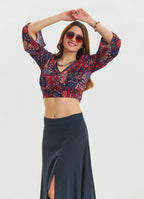P V Neck Button Detailed Red Summer Blouse 4608