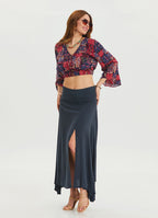 Zipper Detailed Slit Anthracite Asymmetric Skirt 4637