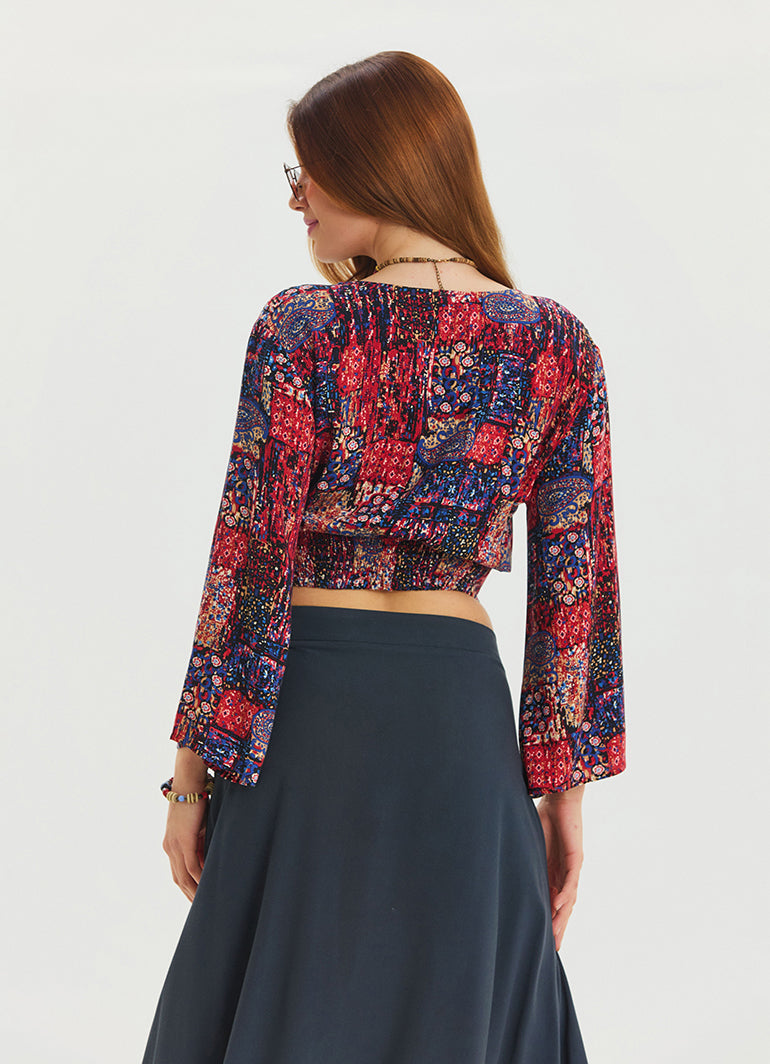 P V Neck Button Detailed Red Summer Blouse 4608