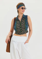 Shirt Collar Button Detailed Navy Blue Summer Blouse 4631